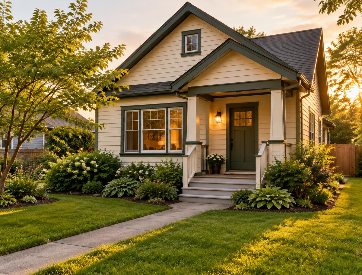 A welcoming home exterior at sunset, with a green front door, warm porch light, and a garden path