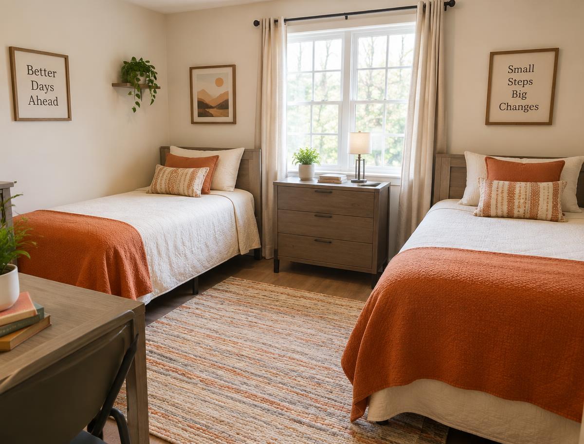 A clean, fully furnished shared bedroom with two twin-sized beds