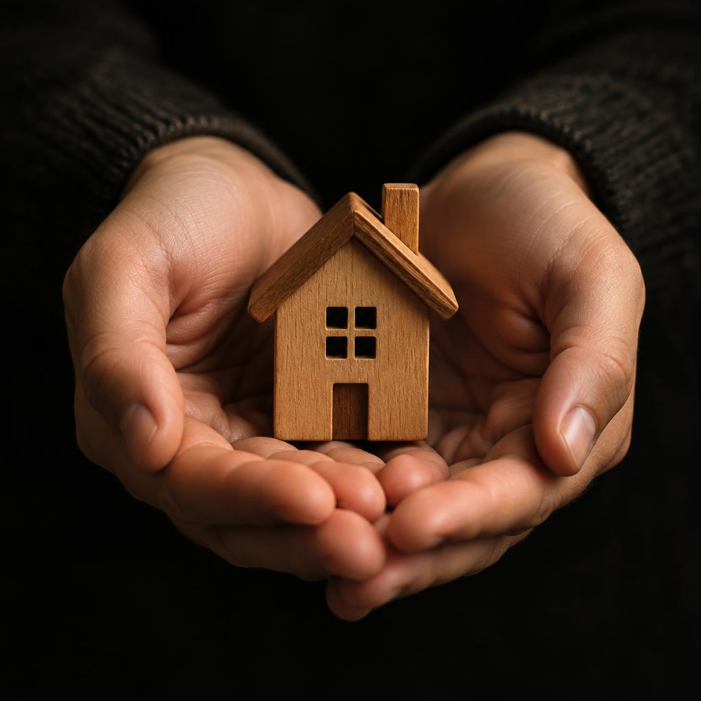 Hands gently holding a small wooden model house