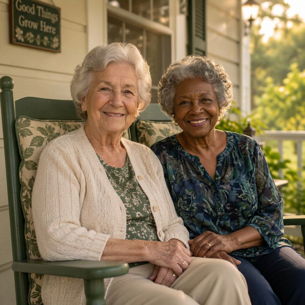 A smiling senior woman relaxing on the porch of a home