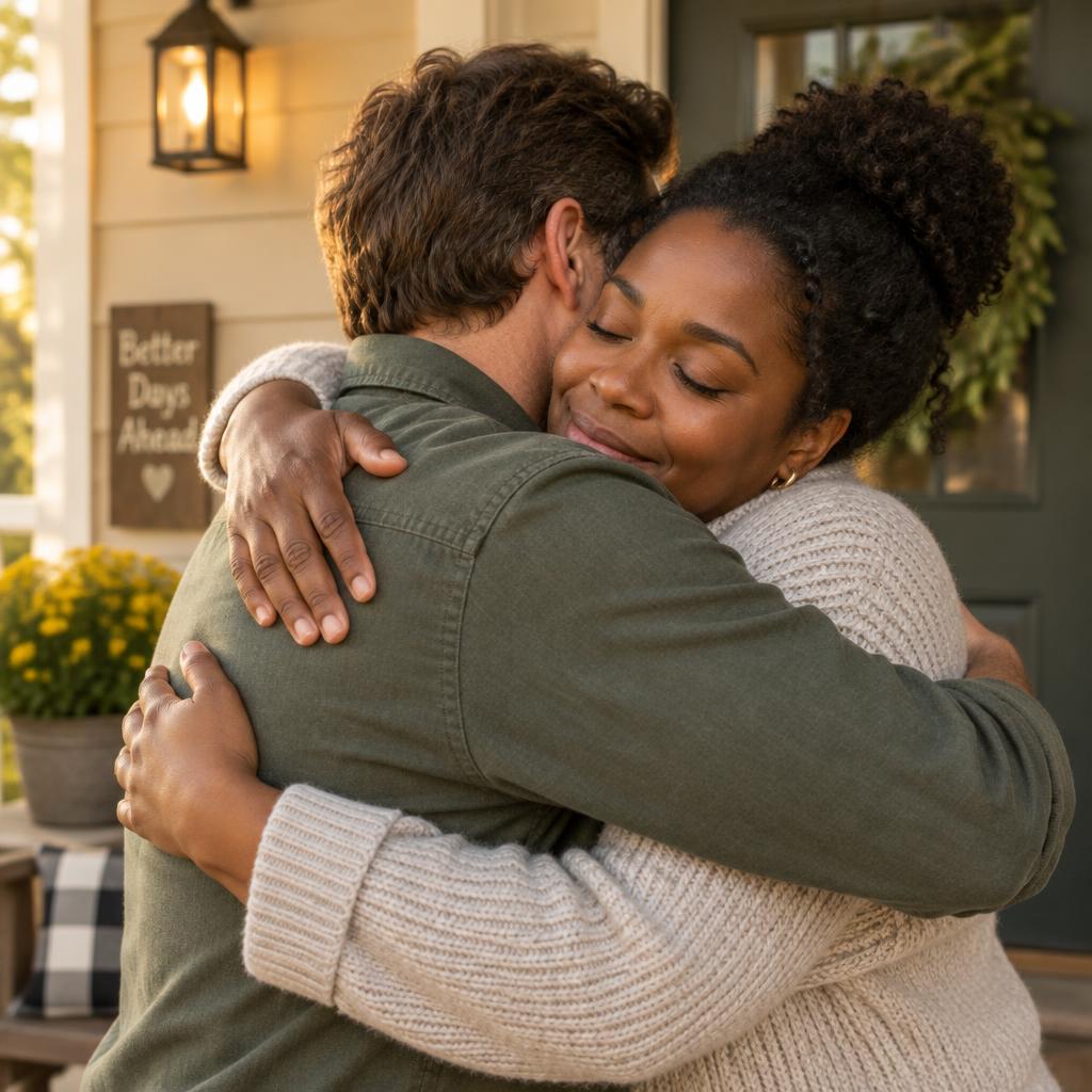 Two people sharing a warm, supportive hug